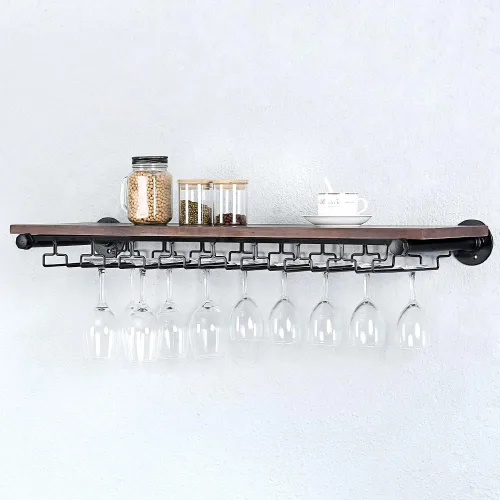 Vista 8 de Estante de vino industrial montado en la pared con soporte para 5 vidrios,Estante flotante para copas de vino,Estantería de tubo de 24 pulgadas
