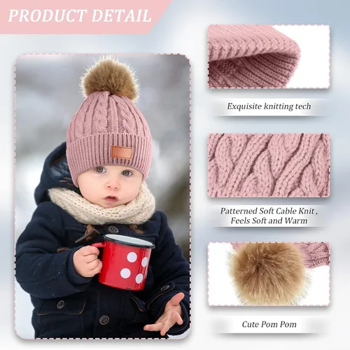 Vista 2 de Gorro de lana de punto para niños de 3 piezas, gorro de invierno cálido con pompón desmontable para niñas de 1 a 3 años