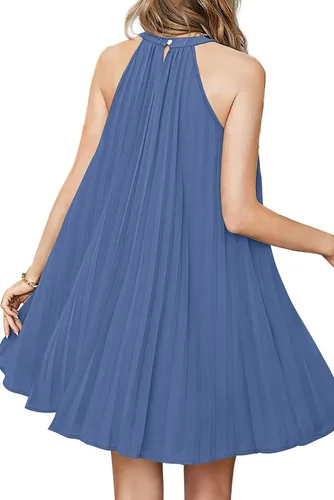 Vista 4 de SAMPEEL Vestidos de verano para mujer, casual, cuello halter, sin mangas, plisados, línea A, botón en la parte trasera con cinturón