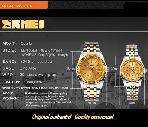 Vista 6 de SKMEI Watches for Couples Men and Women His and Hers Pair Watch Set Husband Wife Valentines Matching Wedding Gifts Classic Stainless Luxry Business