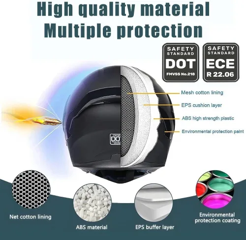 Vista 2 de Casco de motocicleta modular con Bluetooth, aprobado por DOT, casco de cara completa abatible, con visera doble, altavoces duales y micrófono