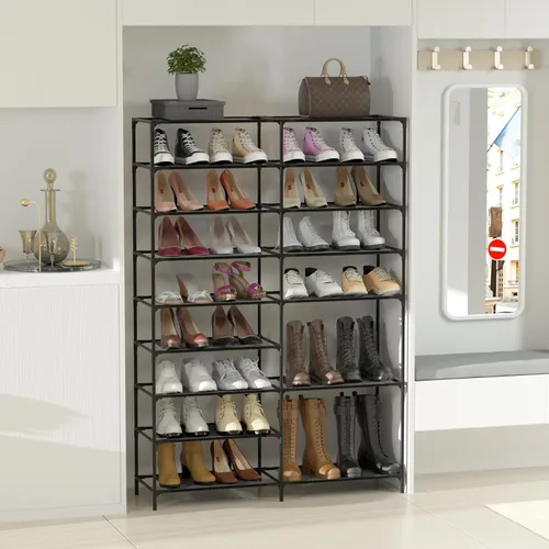 Vista 7 de TY ARTS & CULTURE Estante de zapatos de metal de 9 niveles, negro, 34.6 pulgadas de largo x 10.2 pulgadas de ancho x 56.3 pulgadas de alto