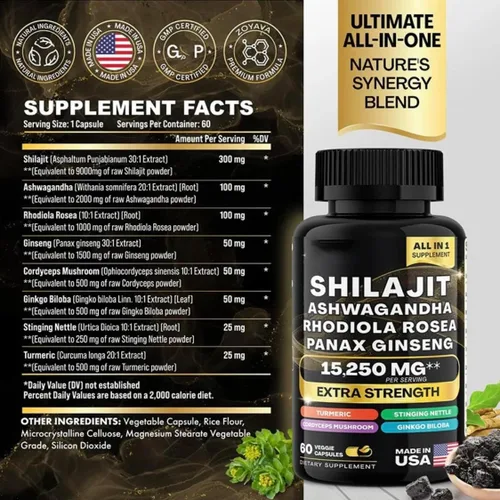 Vista 3 de Paquete de musgo marino y shilajit - Musgo marino, aceite de semilla negra, ashwagandha, jengibre y shilajit, Rhodiola Rosea, Panax Ginseng