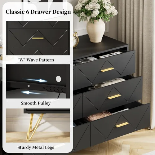 Vista 3 de JOZZBY Cómoda para dormitorio, cómoda de madera negra de 6 cajones con asas doradas, cómodas de almacenamiento modernas y cómodas para pasillo