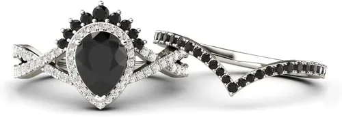Vista 6 de Anillo de compromiso de ónix negro en forma de pera, halo de oro rosa, único juego de anillos de compromiso de piedra negra para mujer, anillo