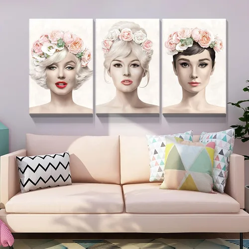 Vista 2 de Denozer Arte de pared en lienzo de 3 paneles con retrato de belleza de Marilyn Monroe, Audrey Hepburn y Brigitte Bardot, impresiones de cuadros