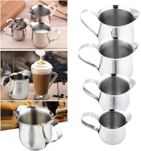 Vista 7 de Rolin Roly Jarra de espuma de leche de 4.5 onzas de acero inoxidable, pequeña jarra de café en forma de campana para barista, capuchino, tazas