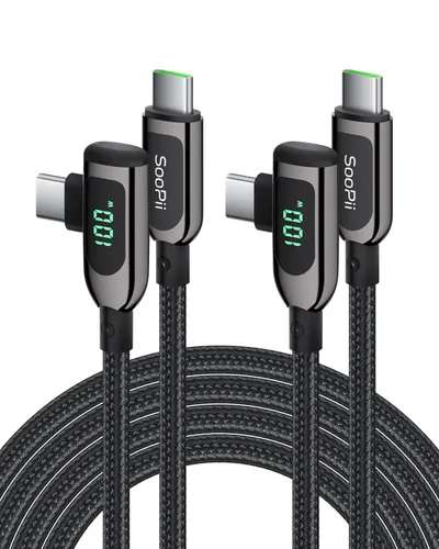 Vista 21 de SOOPII 100W Cable USB C a USB C de Ángulo Recto, Cable de Aleación de Zinc de 1 Pie de Tipo-C Trenzado de Nylon con Pantalla LED para iPad