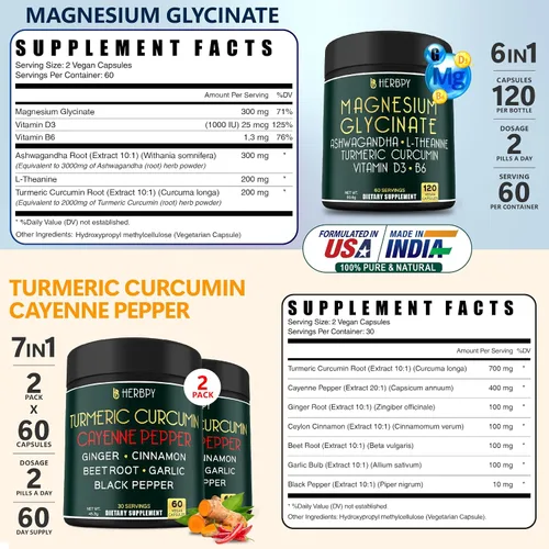 Vista 4 de HERBPY Paquete de suplemento de glicinato de magnesio 6 en 1 y paquete de 2 suplementos de curcumina 7 en 1 - Apoya el día y la noche reparadores