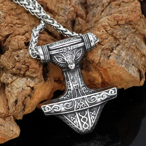 Vista 2 de GuoShuang Viking - Collar con colgante de amuleto de runa Thor Mjolnir de acero inoxidable 316L, Acero inoxidable