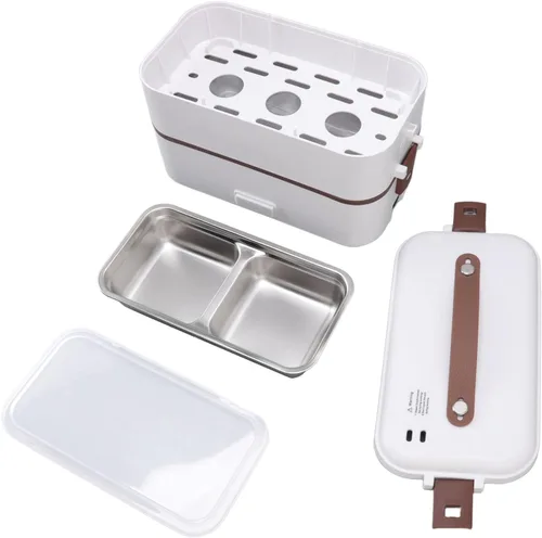 Vista 2 de Zerodis Fiambrera eléctrica, 0.8L PP acero inoxidable doble capa calentador de alimentos con taza medidora, calentador de alimentos portátil