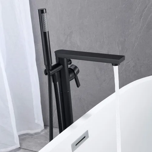 Vista 4 de Wowkk Grifo de bañera independiente Llenador de bañera Negro Montaje en piso Latón de una sola manija Grifos de baño con ducha de mano