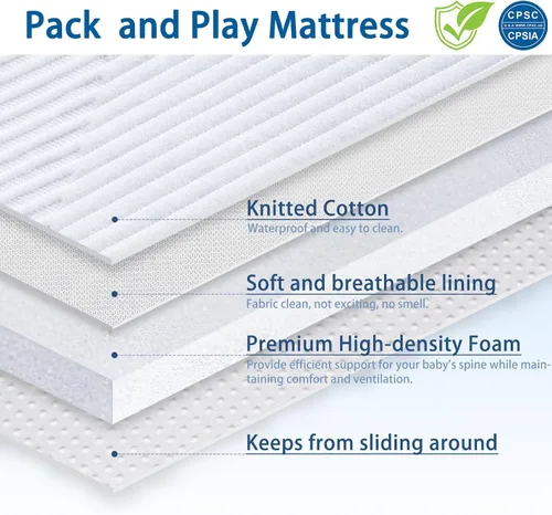 Vista 3 de Pack and Play - Colchón con correa, 1.25 pulgadas Fits L38xW26 playards. High-density foam, firm & soft. Breathable waterproof cover, zip-off