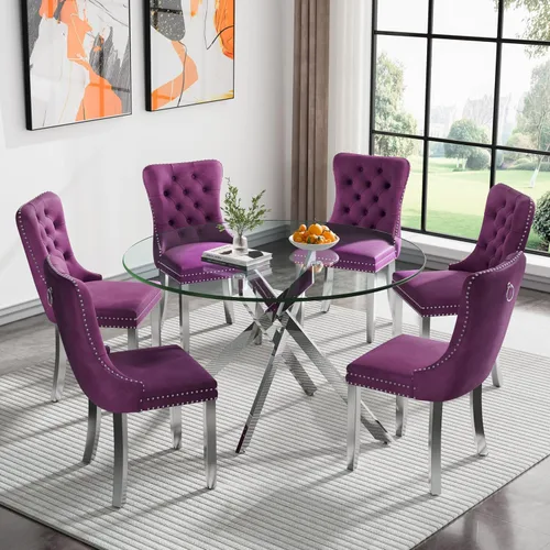 Vista 44 de Juego de mesa de comedor de cristal plateado moderno de 47 pulgadas para 2, juego de mesa de comedor de cocina redonda de 3 piezas con patas