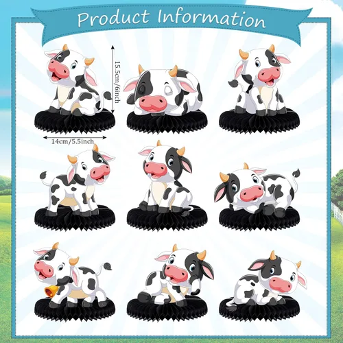 Vista 2 de 9 piezas de centros de mesa de panal de vaca de animales de granja, decoración de mesa 3D de panal de abeja, abanicos de papel de granero, recortes