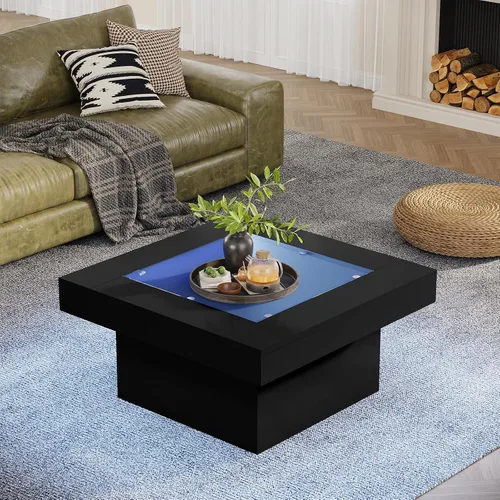 Vista 6 de Mesa de centro cuadrada con luces LED, mesas de centro de 35.4 pulgadas para sala de estar, mesa de centro de cristal templado, mesa central moderna