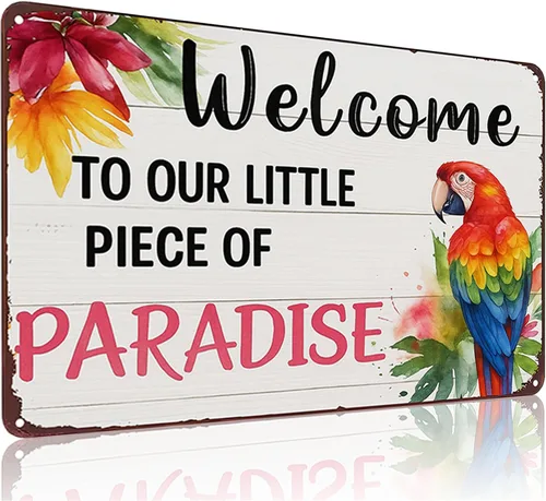 Vista 7 de FunnySign Letrero de hojalata vintage con texto en inglés "Welcome to Our Little Piece of Paradise" para exteriores, porche, patio, jardín, bar