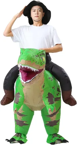 Vista 5 de MXoSUM Disfraz inflable de dinosaurio para adultos, disfraz de jinete T-Rex, divertido disfraz de Halloween para fiesta de cosplay Verde