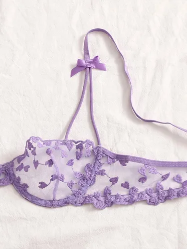Vista 3 de WDIRARA Conjunto de lencería de malla frontal con lazo bordado de corazón para mujer