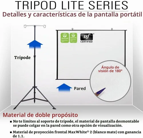 Vista 5 de Akia Screens Pantalla de proyector portátil 2 en 1 de 96 pulgadas con soporte y bolsa de transporte, trípode o montaje en pared, compatible