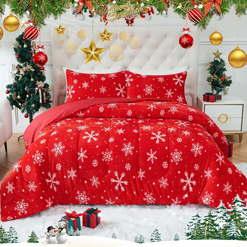 Vista 2 de YIYEA Juego de edredón navideño de piel sintética tamaño Queen, edredón de lujo ultra suave y esponjoso, juegos de ropa de cama de felpa difusa