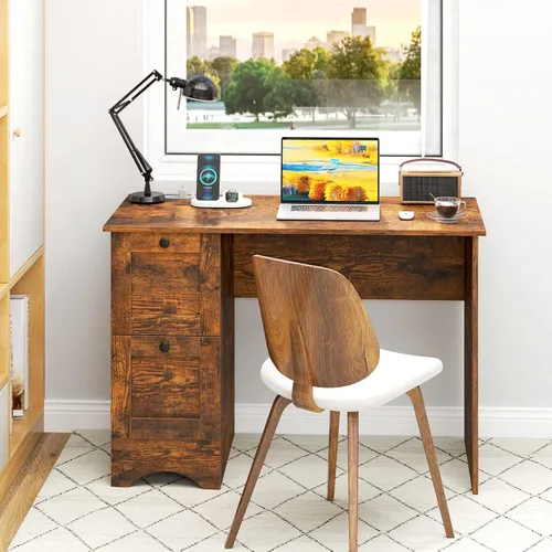 Vista 9 de GIANTEX - Escritorio para computadora con 2 cajones, escritorio de madera para oficina en casa de 43 pulgadas con estación de carga, escritorio