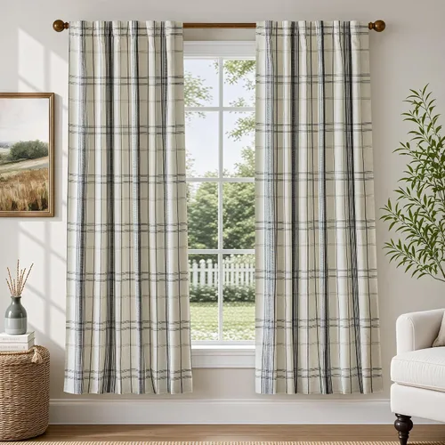 Vista 30 de DriftAway Cortinas de felpilla de lino a cuadros 100% opacas de 96 pulgadas Beige