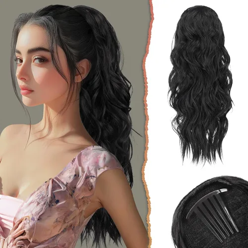 Vista 19 de SOFEIYAN Extensión de cola de caballo con cordón, de 24 pulgadas, ondulado, rizado, con clip, extensiones de cola de caballo con clip, extensiones