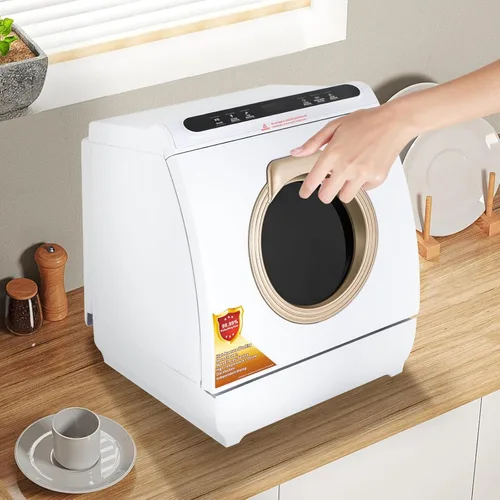 Vista 3 de Lavavajillas de encimera de 900 W con tanque de agua integrado de 7 L, 5 programas y rociador doble de 360°, lavavajillas portátil compacto