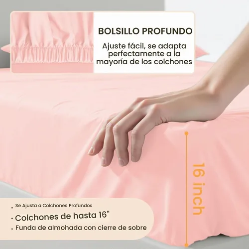 Vista 5 de Juego de sábanas de 3 piezas, imitación algodón Ultra, transpirables, refrescantes, prémium, de lujo para hotel, esquinas profundas hasta 15 Rosa