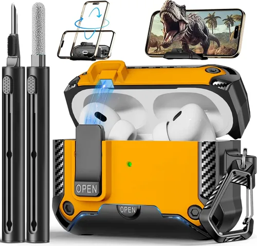 Vista 26 de Funda para AirPods Pro de 2ª Generación con Soporte para Teléfono, Protección Completa contra Caídas con Diseño de Interruptor Automático a Presión