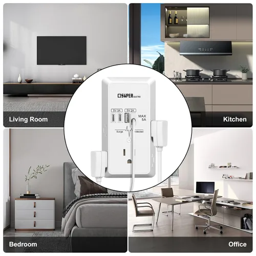 Vista 6 de Extensor de Enchufe, Cargador de Pared USB, Protector Contra Sobretensiones, Extensor de 5 Enchufes con 4 Puertos de Carga USB (5V 5A), Adaptador