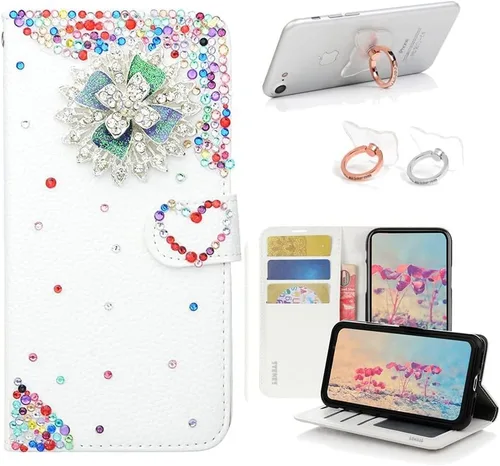 Vista 11 de Bling - Funda tipo cartera compatible con iPod Touch 5 y iPod Touch 6, elegante funda de piel con diseño de mariposa 3D hecha a mano con soporte