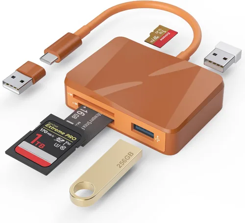 Vista 10 de Lector de tarjetas SD, adaptador de tarjeta USB-C y USB 5 en 1 con SD/MicroSD/MS y puertos USB-A duales lector de tarjetas de memoria para iPhone