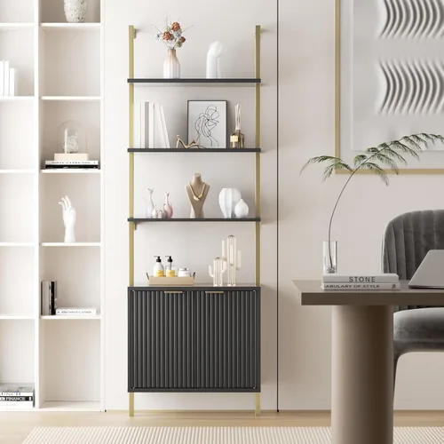Vista 3 de Estantería de escalera con gabinete, estantería de pared de 71 pulgadas de alto con estantes y almacenamiento, estante de escalera estriado