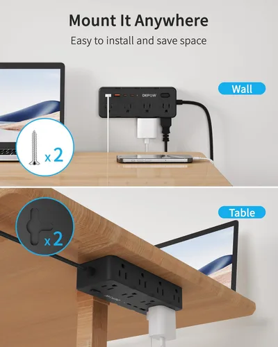 Vista 7 de DEPOW Regleta de alimentación negra de 2 puntas, adaptador de salida de 2 a 3 clavijas con 8 puertos de CA y 4 puertos USB (2 USB C), cable