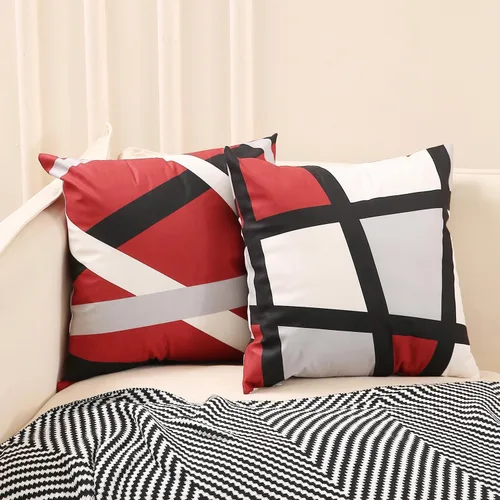 Vista 2 de Juego de 4 fundas de almohada rojas de 18 x 18 pulgadas, fundas de almohada decorativas de rayas abstractas negras y grises, decoración moderna