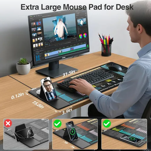 Vista 3 de Wireless Charging Mouse Pad with Foldable Phone Holder, 31.5"x15.8" XXL Excel Cheat Sheet Desk Mat for Laptop/Keyboard, Waterproof Ultra-Smooth