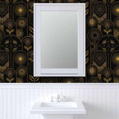 Vista 9 de Spoonflower Papel tapiz para despegar y pegar, diseño de flores Art Deco de los años 20, flores negras, geométricas, oscuras, papel tapiz extraíble