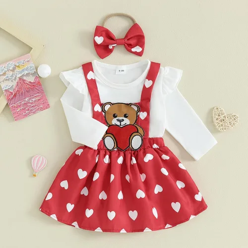 Vista 2 de Conjunto de 2 piezas para el día de San Valentín para bebé niña, mameluco de manga larga con tirantes de encaje y corazón, 2 piezas para otoño e