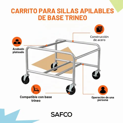 Vista 2 de Safco - Carrito de silla apilable con base de trineo, acero, capacidad de Ruedas de bloqueo de 3 pulgadas, no requiere montaje, compatibles