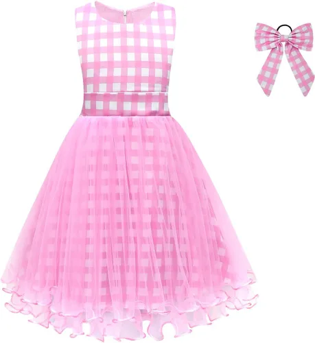 Vista 3 de IWEMEK Vestido de cuadros rosa de los años 50 para niñas, vestido a cuadros rosa con sombrero y lazo para el pelo a cuadros, 3 piezas, disfraz