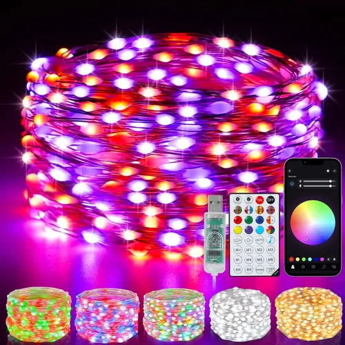 Vista 10 de Luces de Hadas Inteligentes Paquete de 2 Total 66 Pies 200 Luces LED de Cadena Parpadeantes con Control Remoto y APP, Luces de Árbol de Navidad USB
