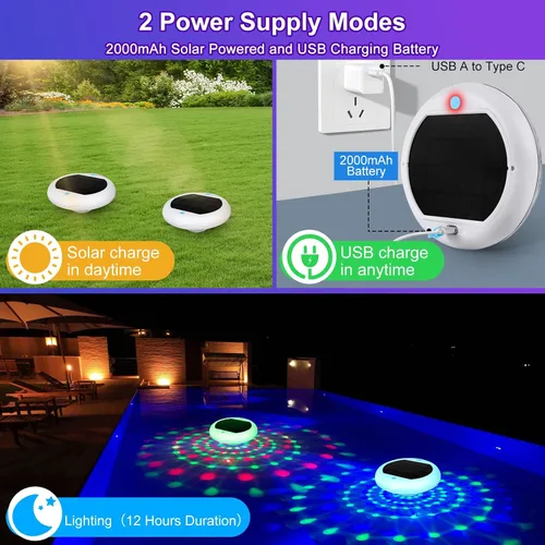 Vista 3 de TEPENAR Luces flotantes solares y recargables 2 en 1: luces de piscina de 6.7 "que flotan 6 modos dinámicos con control remoto IP68 impermeable