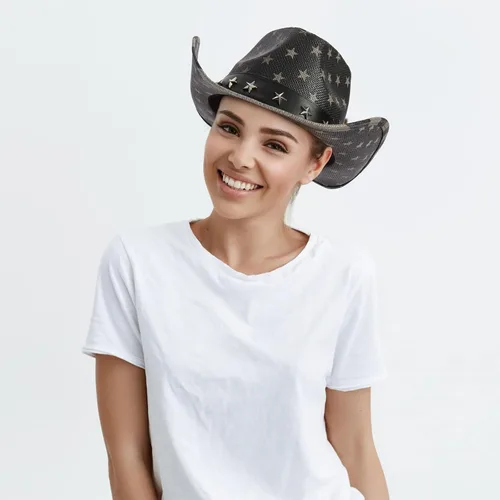 Vista 5 de Sombrero de vaquero de paja de Estados Unidos para hombres y mujeres, aspecto vintage, sombrero de vaquera para fiesta de disfraces (tamaño adulto)