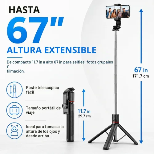 Vista 2 de Trípode desmontable para teléfono de 67 pulgadas, palo para selfie, portátil, extensible, cámara estable, fácil de selfie, con control remoto