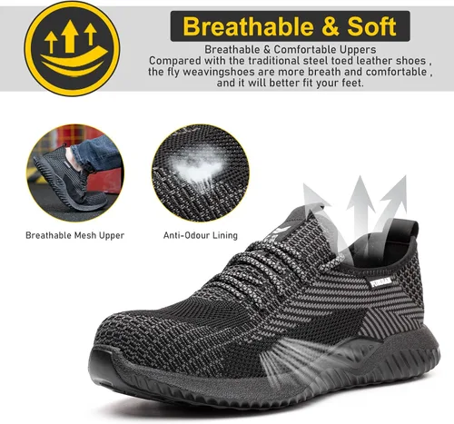 Vista 5 de Furuian Zapatos de punta de acero para hombre, cómodos, zapatos de seguridad antideslizantes, puntera de acero, zapatos de trabajo para hombre