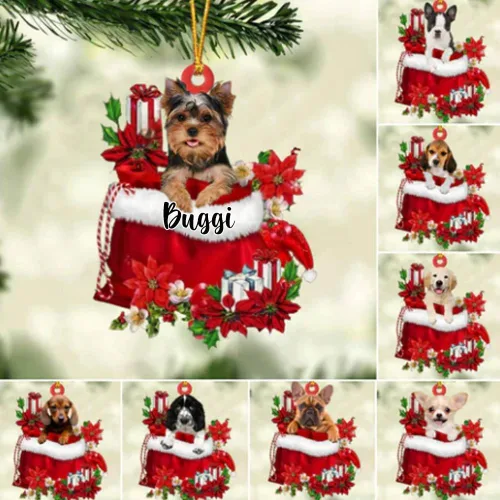 Vista 2 de Perro Akita Inu personalizado en bolsa de regalo, adorno de Navidad, nombre personalizado, regalo para amantes de los perros, familia, Navidad