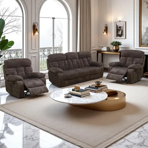 Vista 9 de Juego de sofá reclinable manual de pana extragrande para sala de estar, juego de sofá de pana con mesa desplegable y portavasos para Beige
