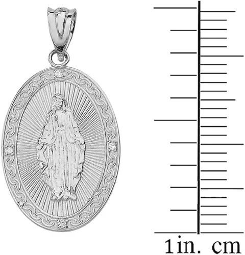 Vista 2 de Colgante de oro blanco de 10 k con medalla ovalada milagrosa de diamantes 10in